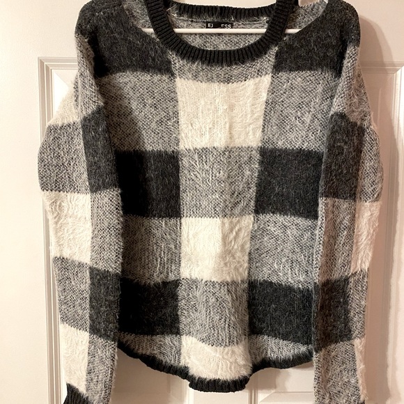 Black grey white plaid a soft fuzzy very comfy cold shoulder sweater - Picture 2 of 5